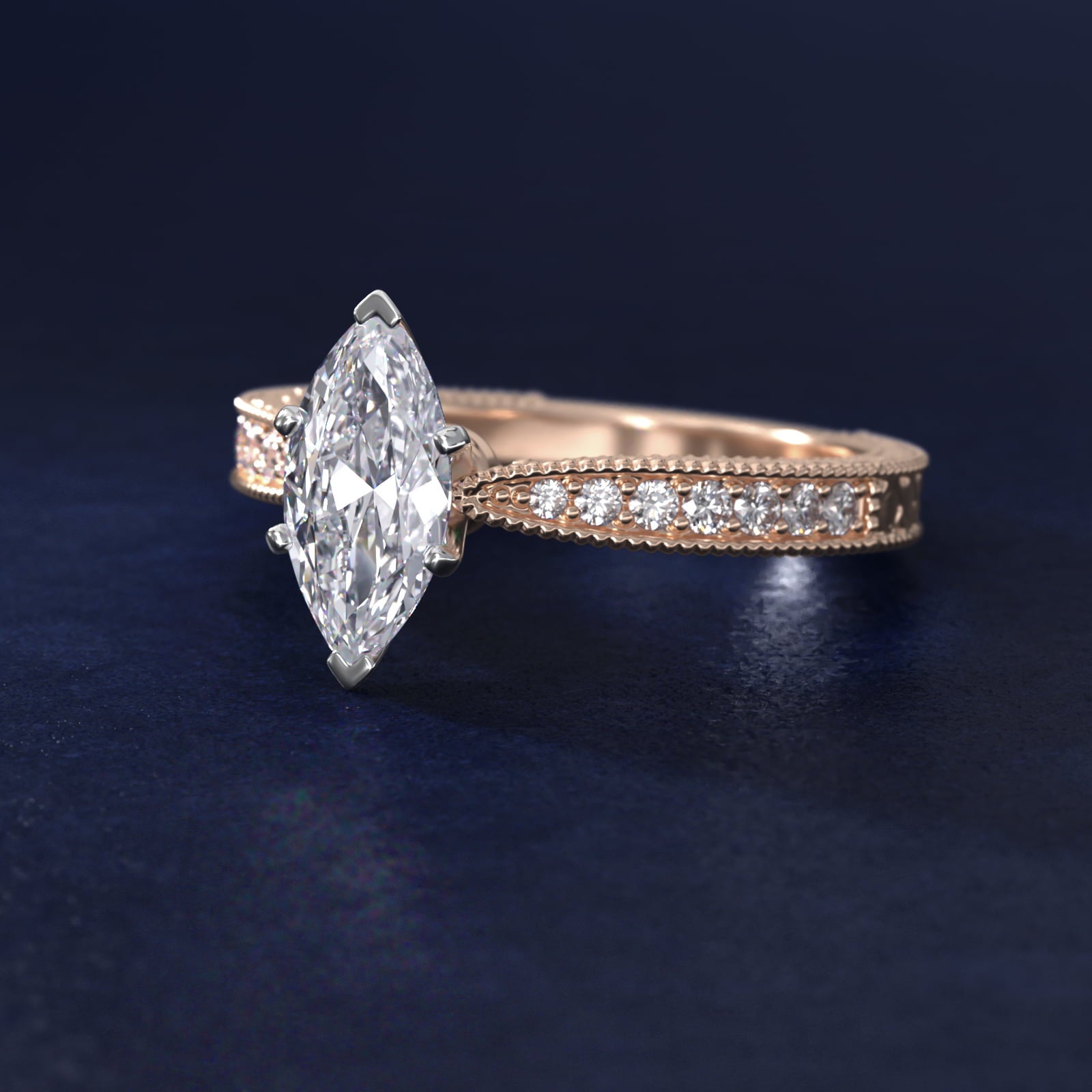 Hand-Engraved MicropavŽ Diamond Engagement Ring in 18k Rose Gold (1/6 ct. tw.) - Marquise Center