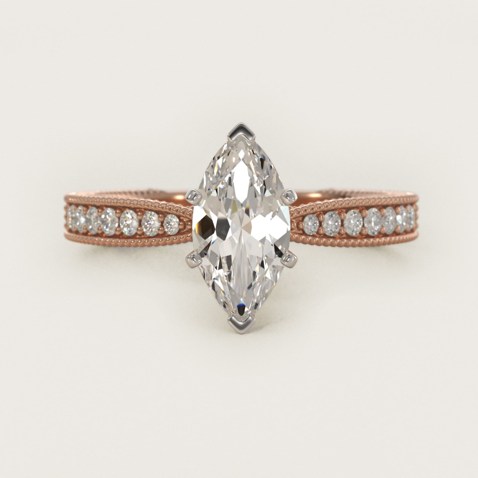Hand-Engraved MicropavŽ Diamond Engagement Ring in 14k Rose Gold (1/6 ct. tw.) - Marquise Center