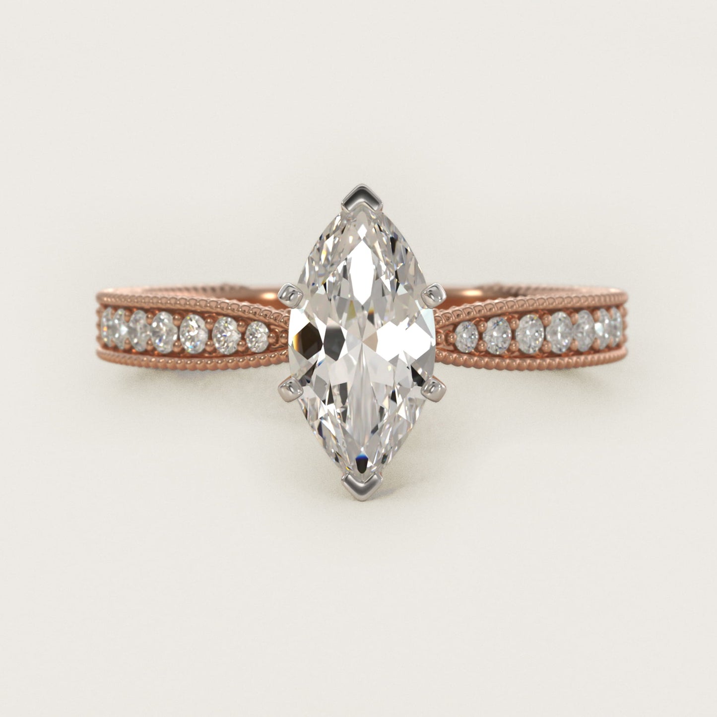 Hand-Engraved MicropavŽ Diamond Engagement Ring in 18k Rose Gold (1/6 ct. tw.) - Marquise Center