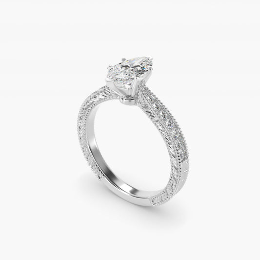 Hand-Engraved MicropavŽ Diamond Engagement Ring in 18k White Gold (1/6 ct. tw.) - Marquise Center