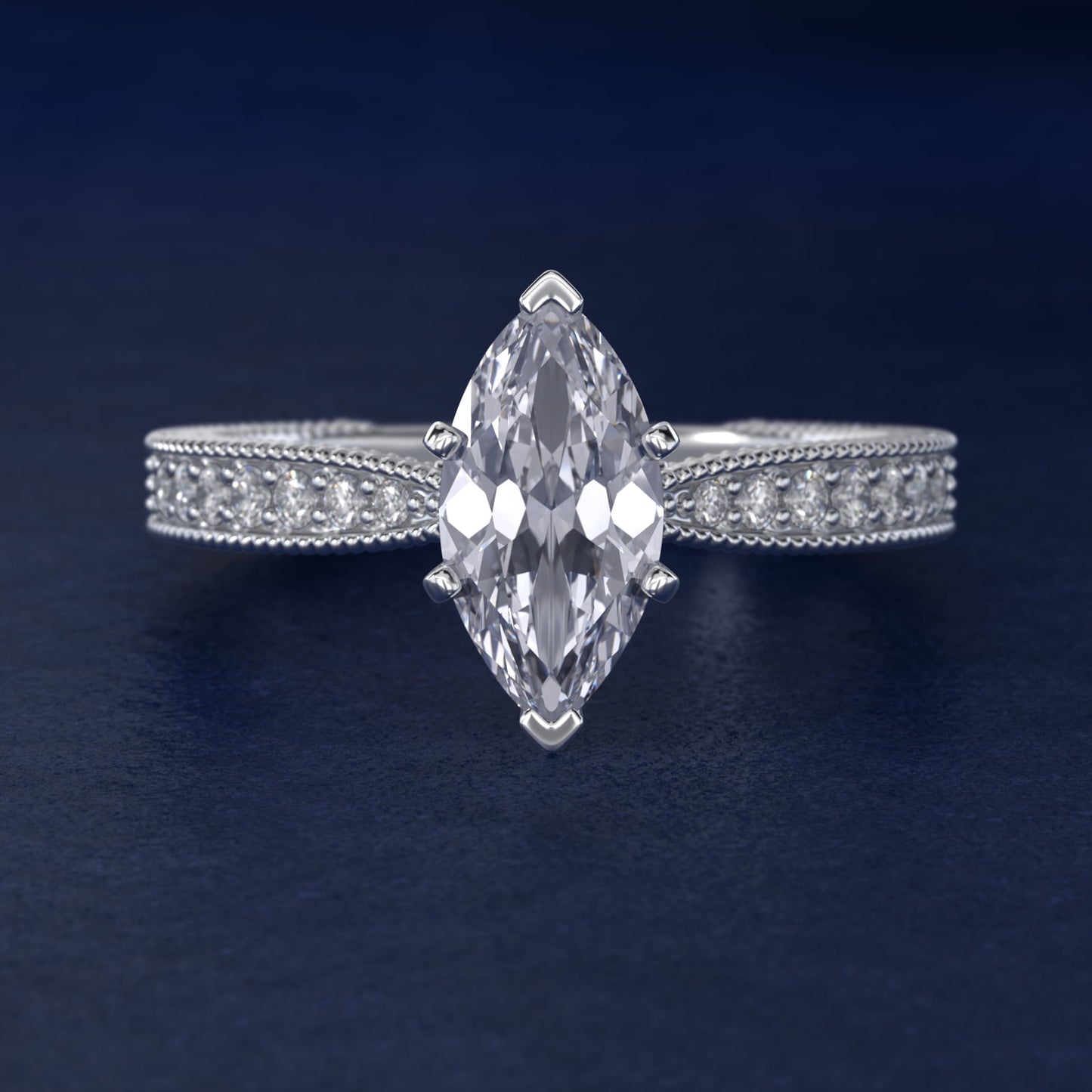 Hand-Engraved MicropavŽ Diamond Engagement Ring in 18k White Gold (1/6 ct. tw.) - Marquise Center