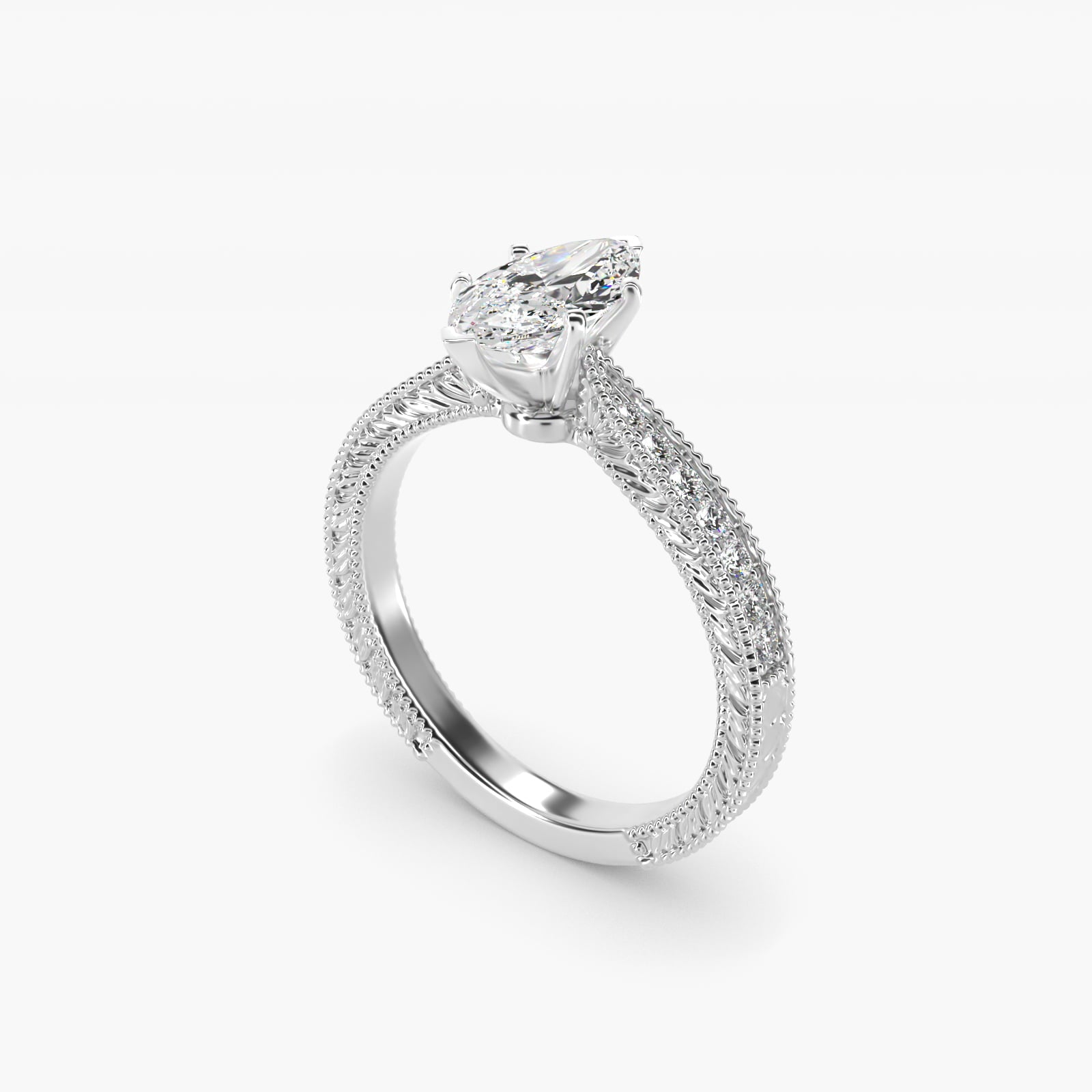 Hand-Engraved MicropavŽ Diamond Engagement Ring in Platinum (1/6 ct. tw.) - Marquise Center