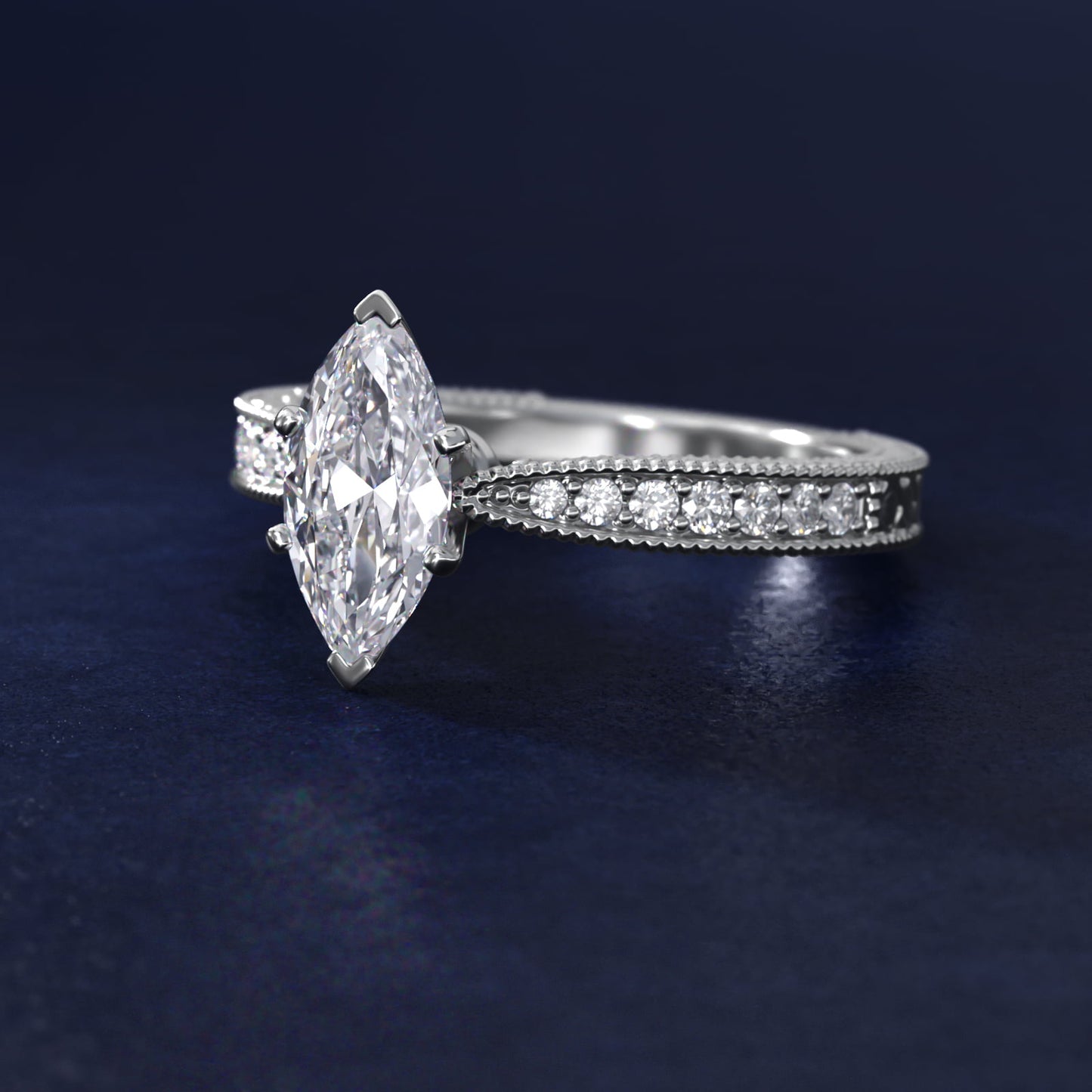 Hand-Engraved MicropavŽ Diamond Engagement Ring in Platinum (1/6 ct. tw.) - Marquise Center