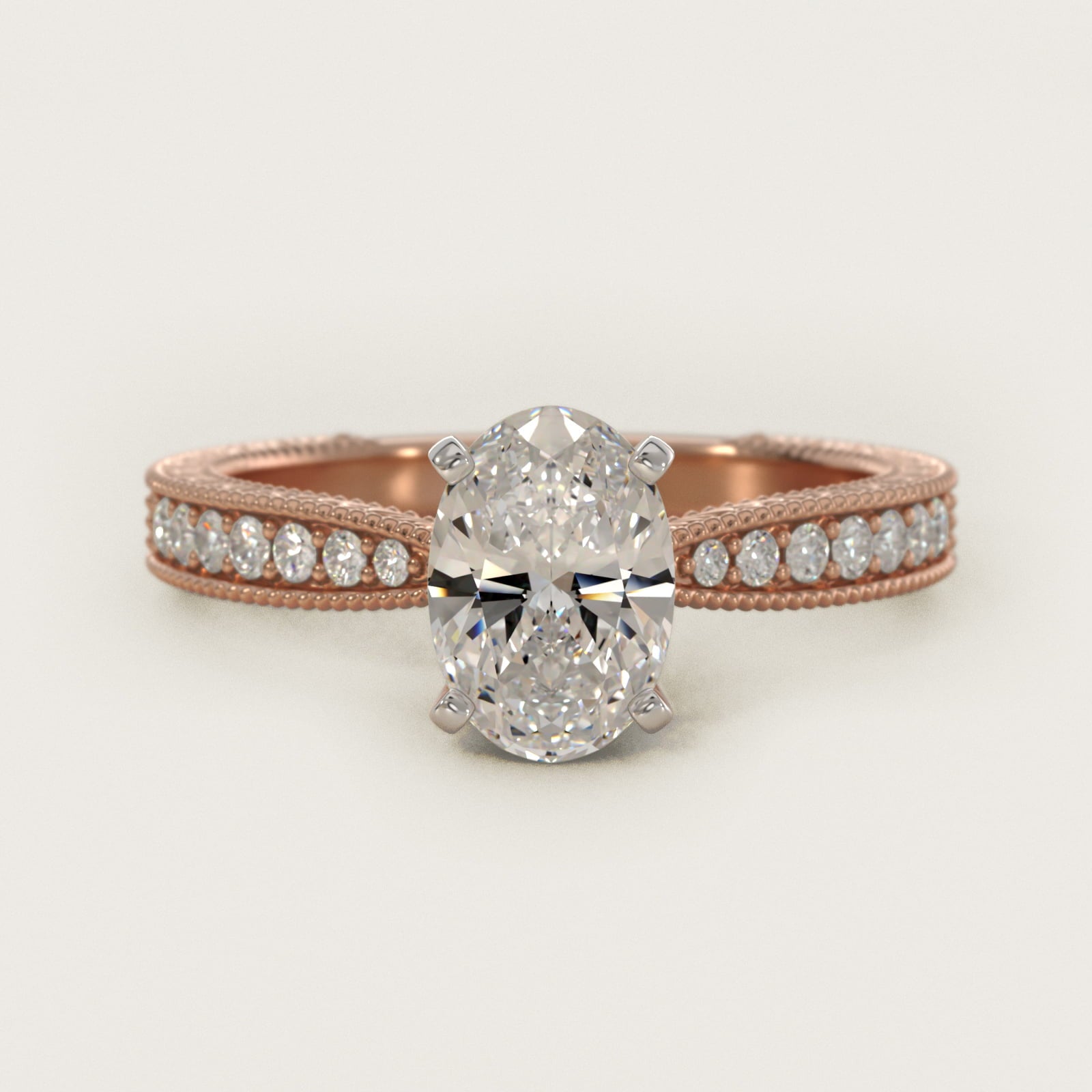 Hand-Engraved MicropavŽ Diamond Engagement Ring in 18k Rose Gold (1/6 ct. tw.) - Oval Center