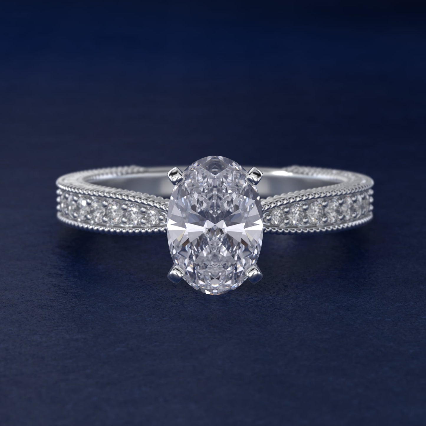 Hand-Engraved MicropavŽ Diamond Engagement Ring in 18k White Gold (1/6 ct. tw.) - Oval Center