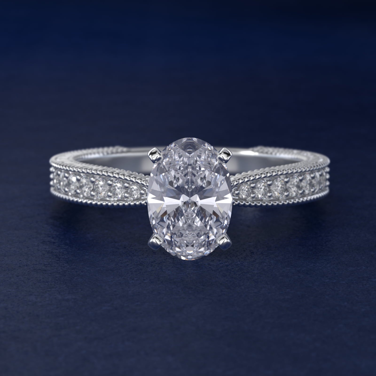 Hand-Engraved MicropavŽ Diamond Engagement Ring in 18k White Gold (1/6 ct. tw.) - Oval Center