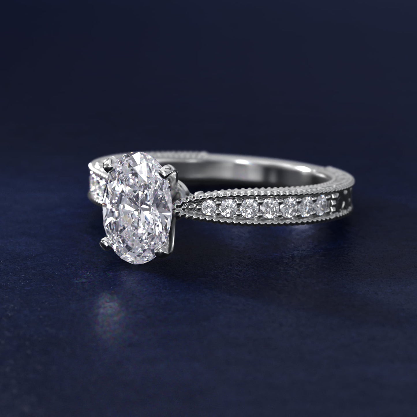 Hand-Engraved MicropavŽ Diamond Engagement Ring in Platinum (1/6 ct. tw.) - Oval Center
