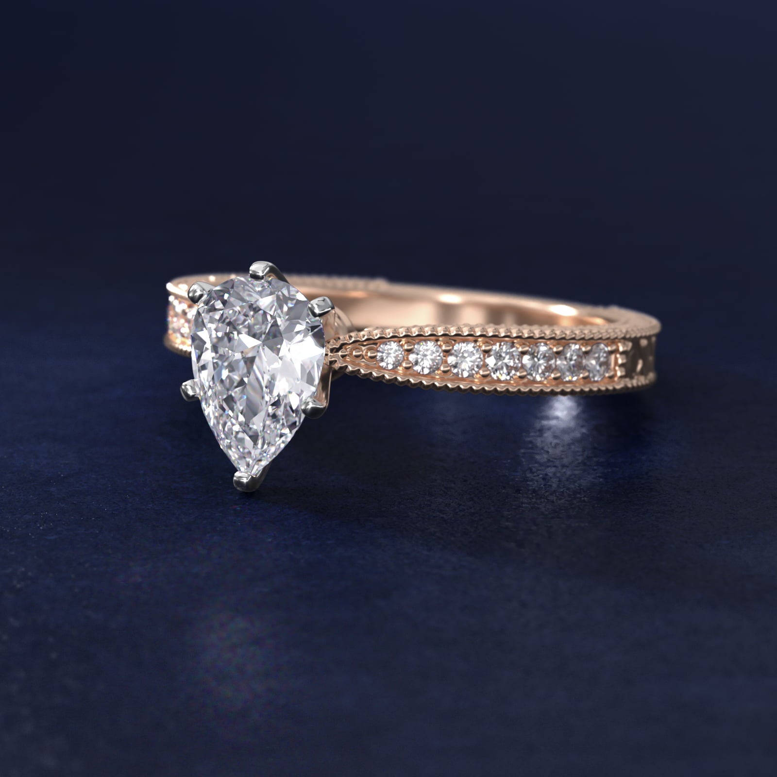 Hand-Engraved MicropavŽ Diamond Engagement Ring in 14k Rose Gold (1/6 ct. tw.) - Pear Center
