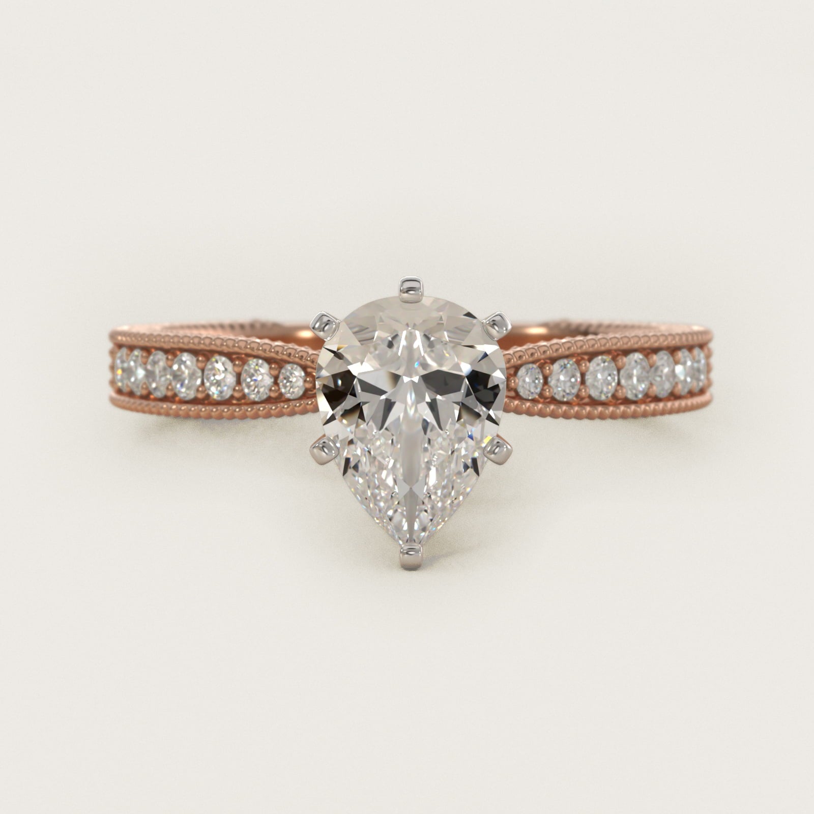 Hand-Engraved MicropavŽ Diamond Engagement Ring in 14k Rose Gold (1/6 ct. tw.) - Pear Center