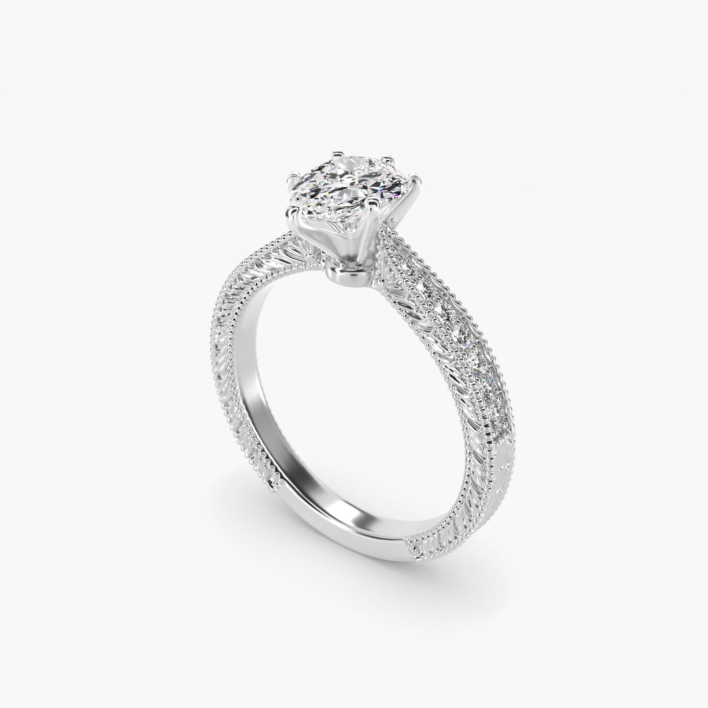 Hand-Engraved MicropavŽ Diamond Engagement Ring in 18k White Gold (1/6 ct. tw.) - Pear Center
