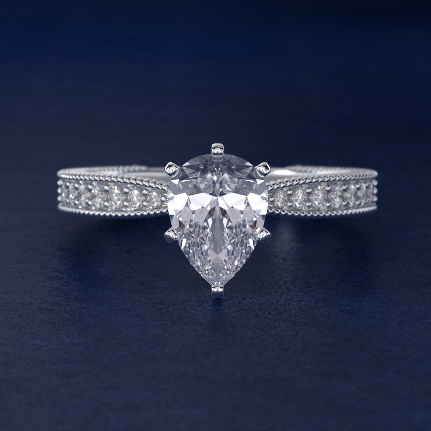 Hand-Engraved MicropavŽ Diamond Engagement Ring in 18k White Gold (1/6 ct. tw.) - Pear Center