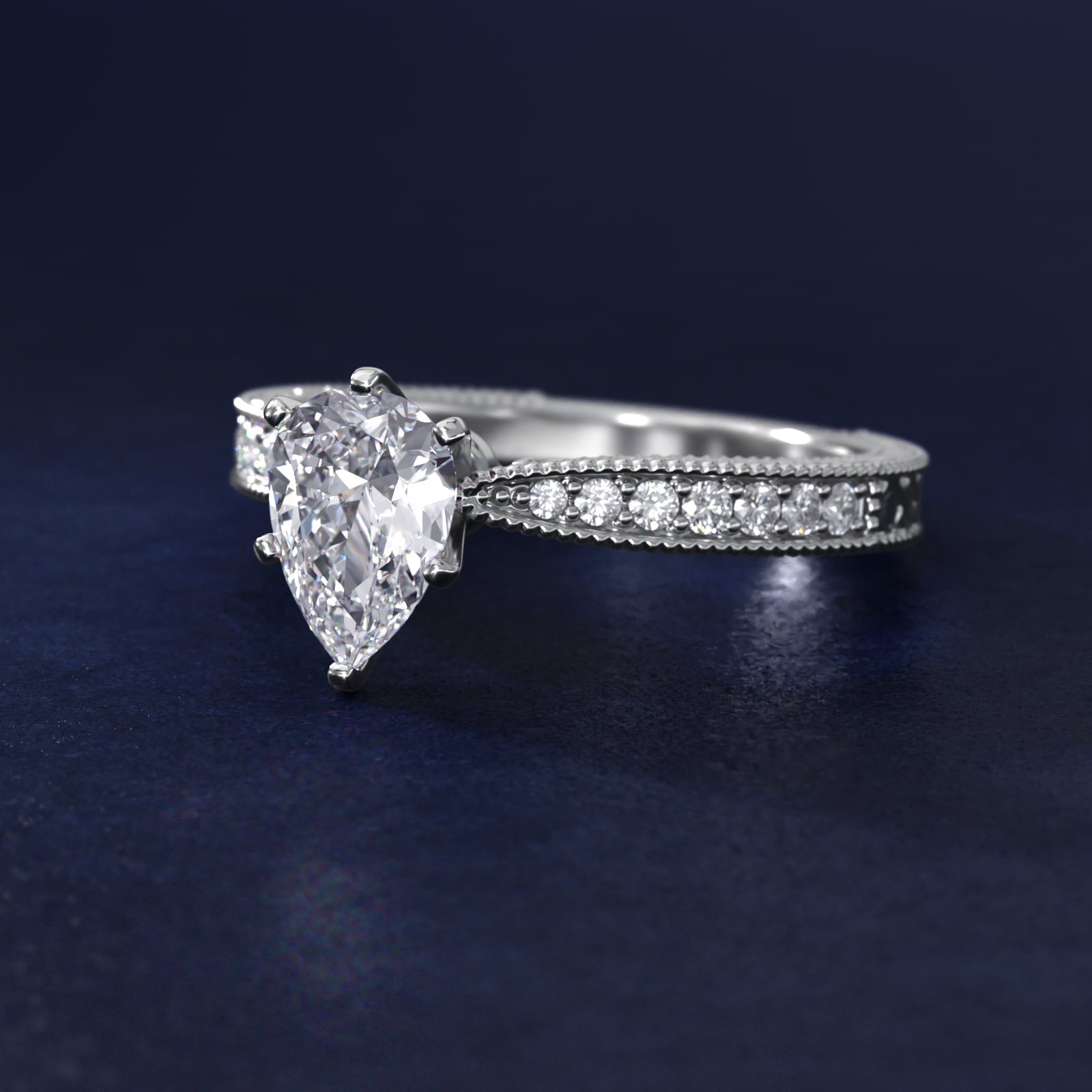 Hand-Engraved MicropavŽ Diamond Engagement Ring in Platinum (1/6 ct. tw.) - Pear Center