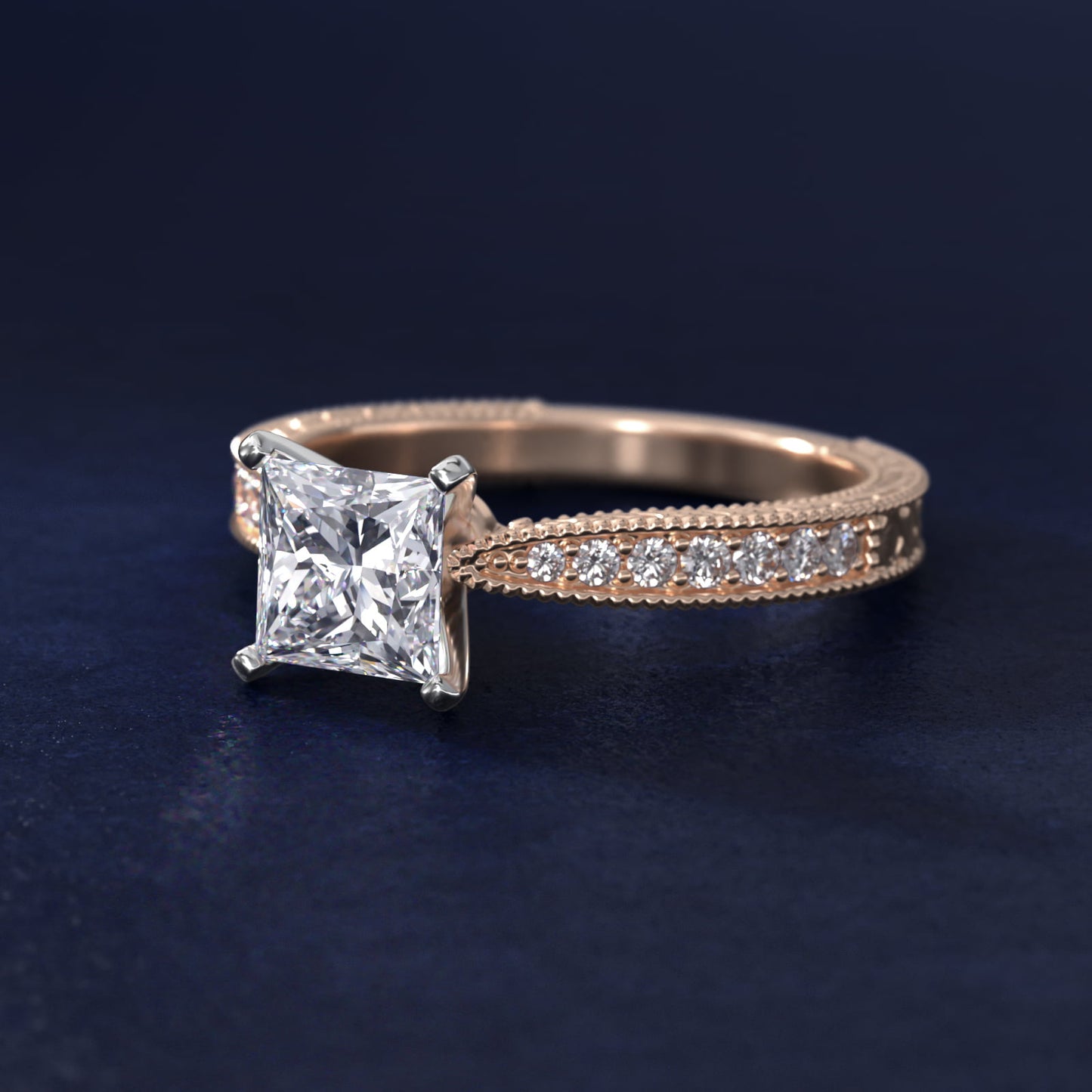 Hand-Engraved MicropavŽ Diamond Engagement Ring in 14k Rose Gold (1/6 ct. tw.) - Princess Center