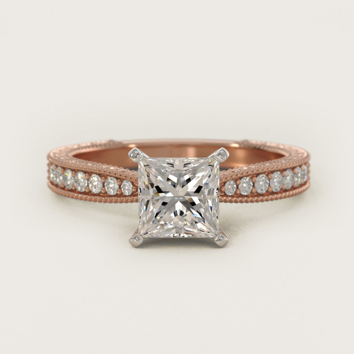 Hand-Engraved MicropavŽ Diamond Engagement Ring in 18k Rose Gold (1/6 ct. tw.) - Princess Center