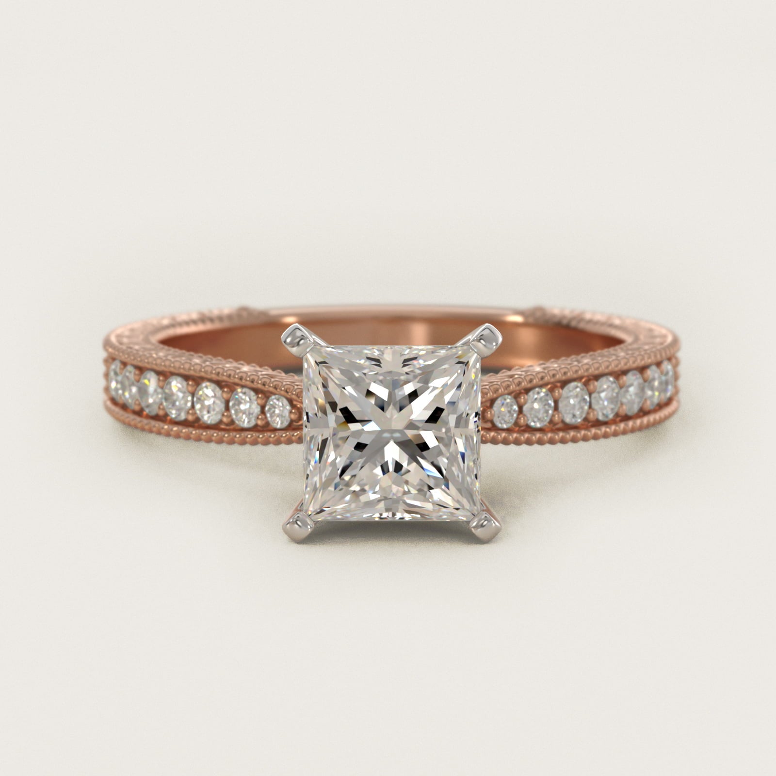 Hand-Engraved MicropavŽ Diamond Engagement Ring in 18k Rose Gold (1/6 ct. tw.) - Princess Center