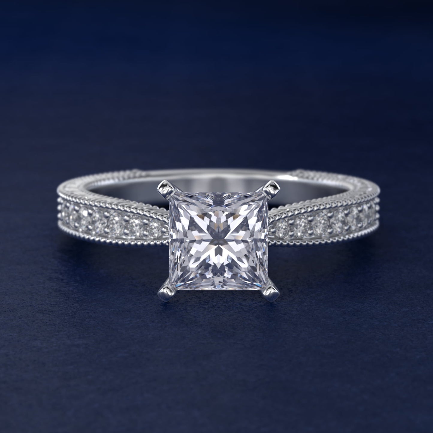 Hand-Engraved MicropavŽ Diamond Engagement Ring in 18k White Gold (1/6 ct. tw.) - Princess Center