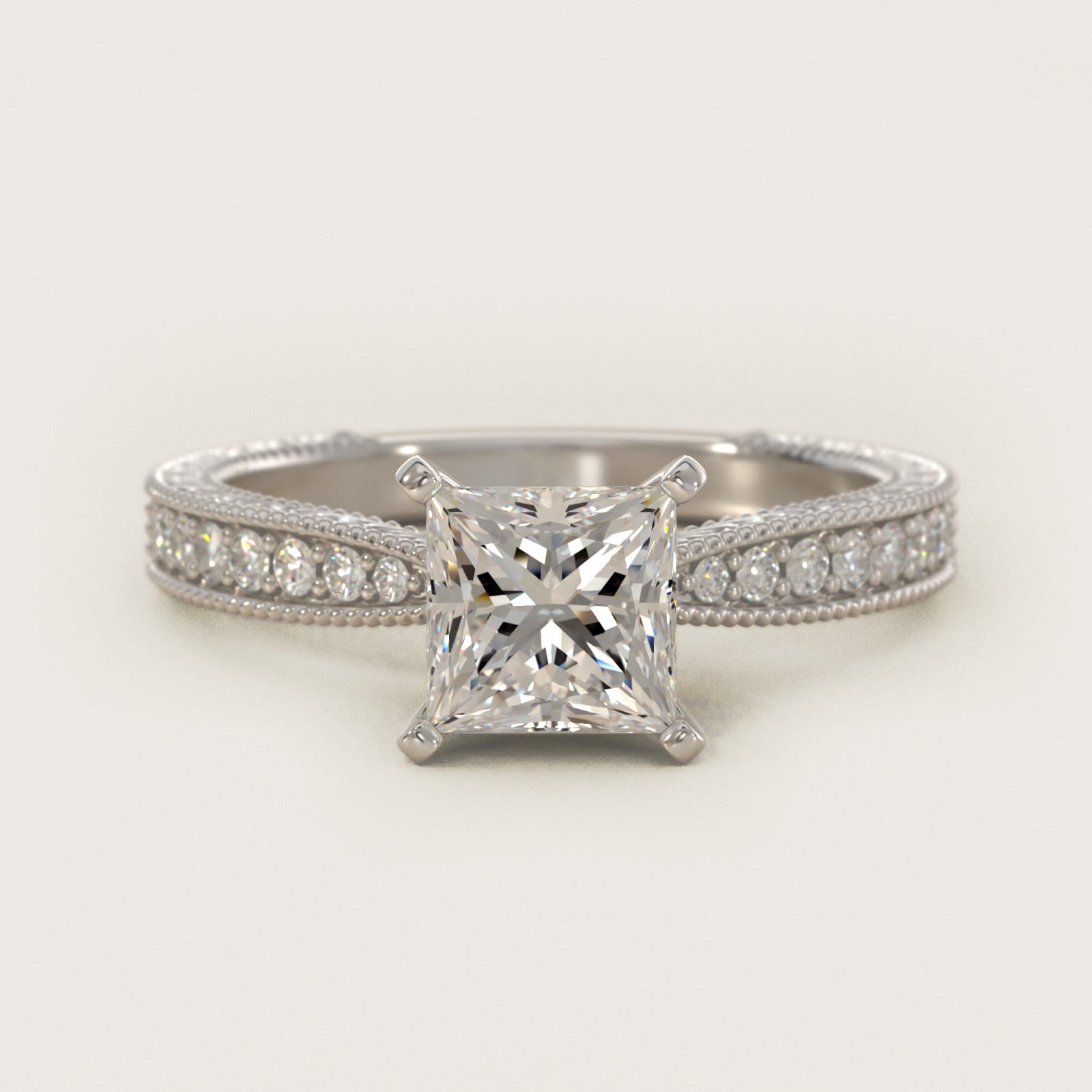 Hand-Engraved MicropavŽ Diamond Engagement Ring in 18k White Gold (1/6 ct. tw.) - Princess Center