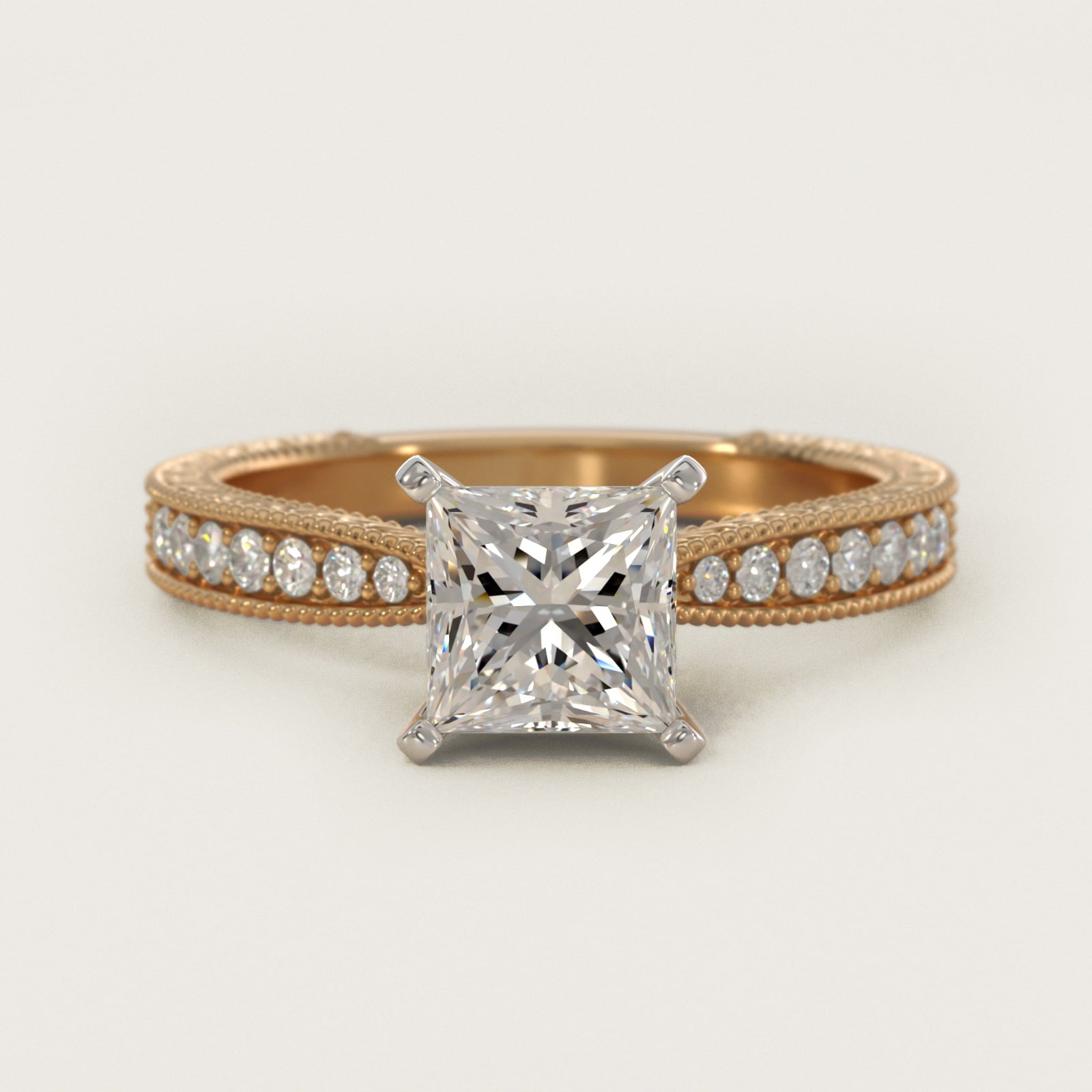 Hand-Engraved MicropavŽ Diamond Engagement Ring in 18k Yellow Gold (1/6 ct. tw.) - Princess Center