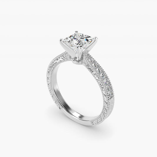 Hand-Engraved MicropavŽ Diamond Engagement Ring in Platinum (1/6 ct. tw.) - Princess Center