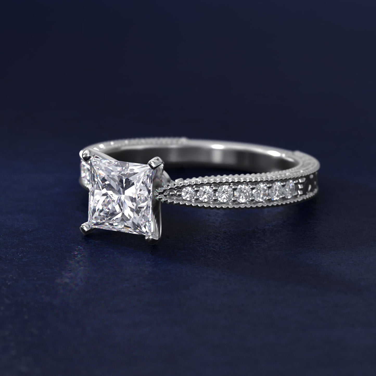 Hand-Engraved MicropavŽ Diamond Engagement Ring in Platinum (1/6 ct. tw.) - Princess Center