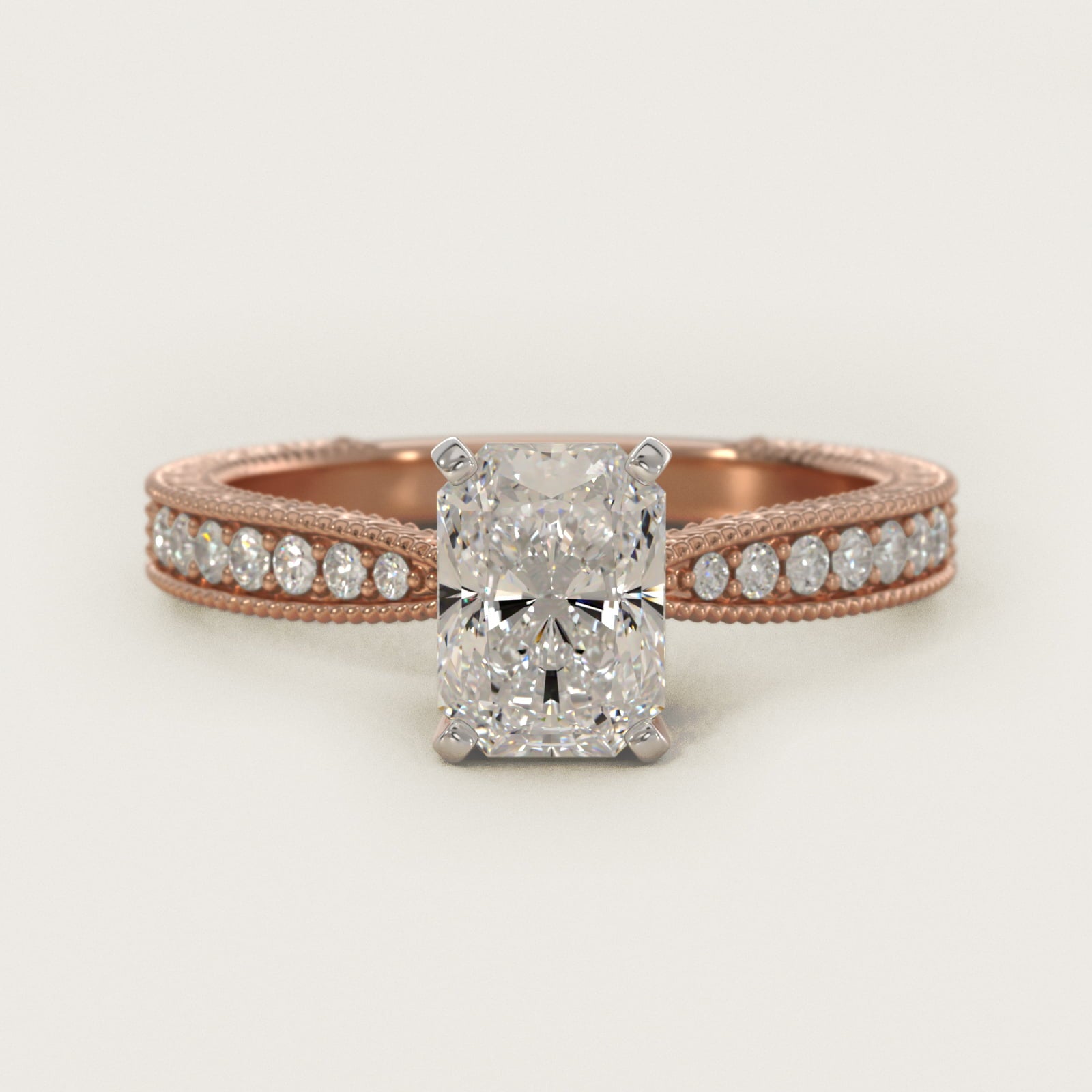 Hand-Engraved MicropavŽ Diamond Engagement Ring in 18k Rose Gold (1/6 ct. tw.) - Radiant Center