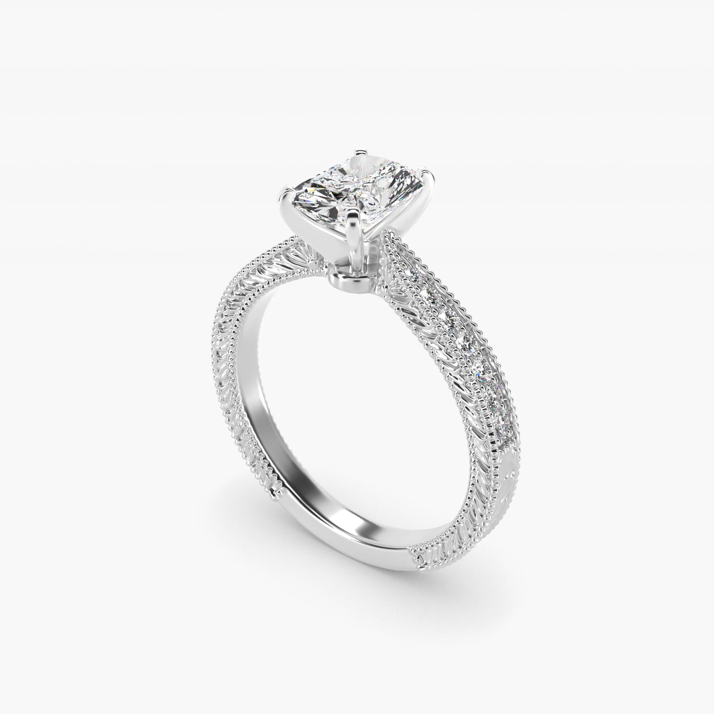 Hand-Engraved MicropavŽ Diamond Engagement Ring in 18k White Gold (1/6 ct. tw.) - Radiant Center