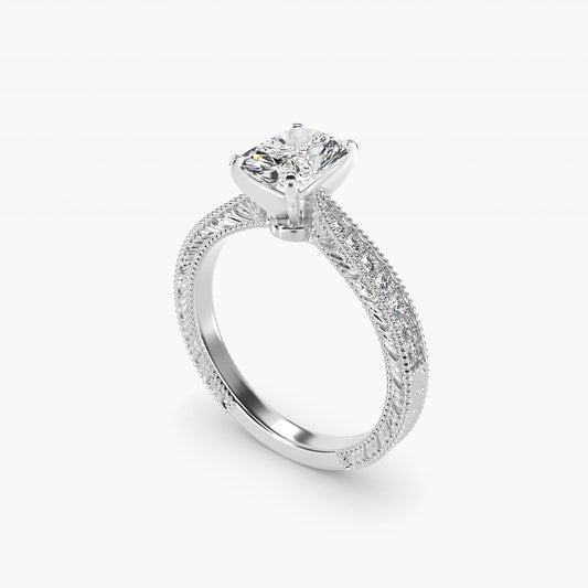 Hand-Engraved MicropavŽ Diamond Engagement Ring in 18k White Gold (1/6 ct. tw.) - Radiant Center