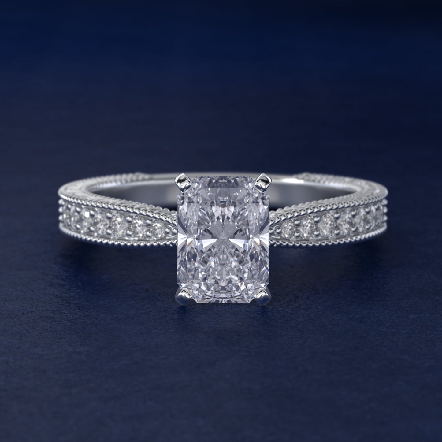 Hand-Engraved MicropavŽ Diamond Engagement Ring in 18k White Gold (1/6 ct. tw.) - Radiant Center