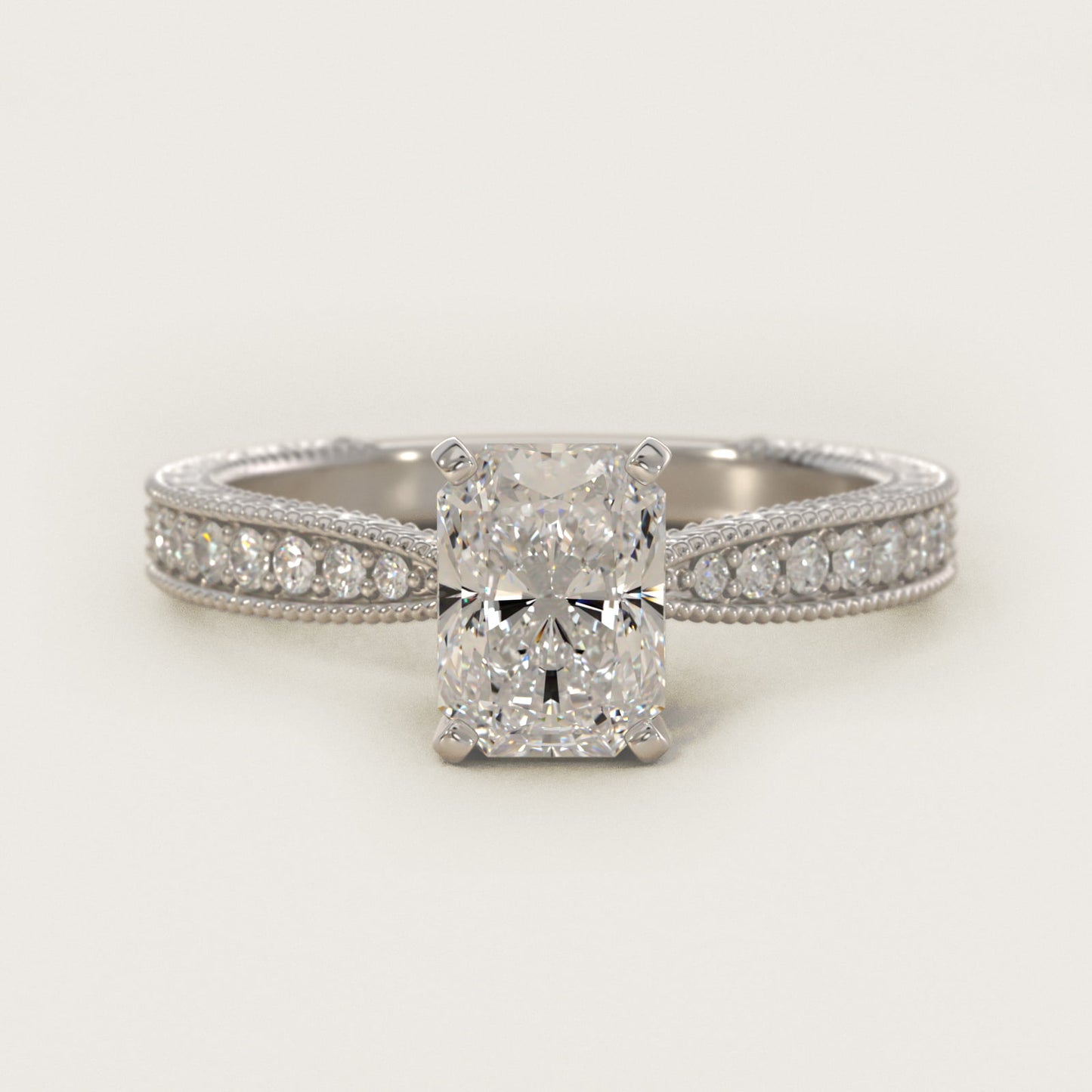 Hand-Engraved MicropavŽ Diamond Engagement Ring in 18k White Gold (1/6 ct. tw.) - Radiant Center