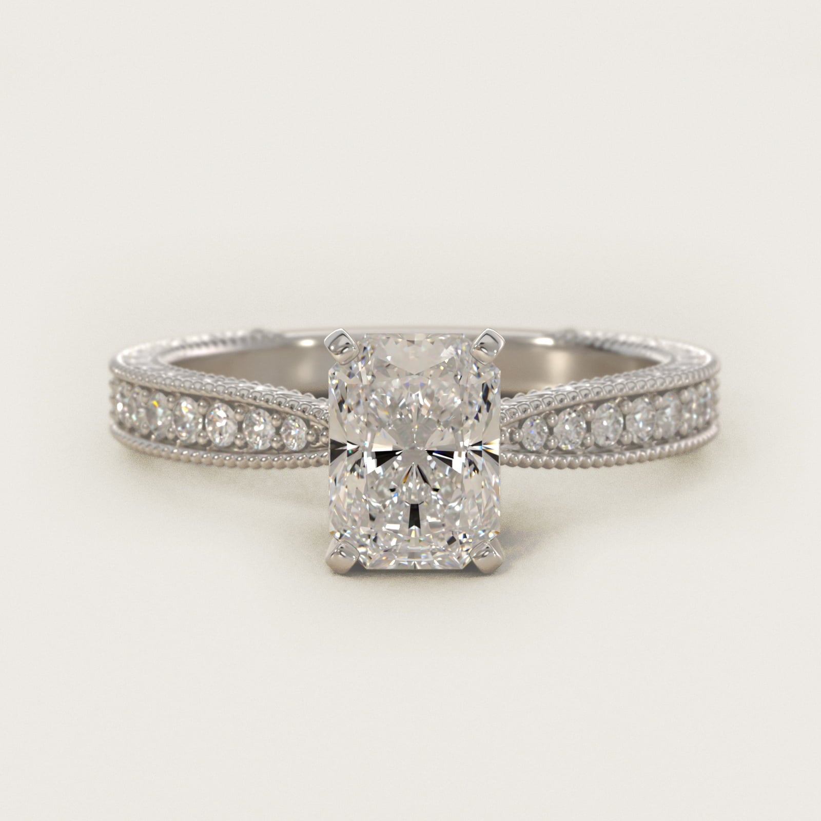 Hand-Engraved MicropavŽ Diamond Engagement Ring in 18k White Gold (1/6 ct. tw.) - Radiant Center