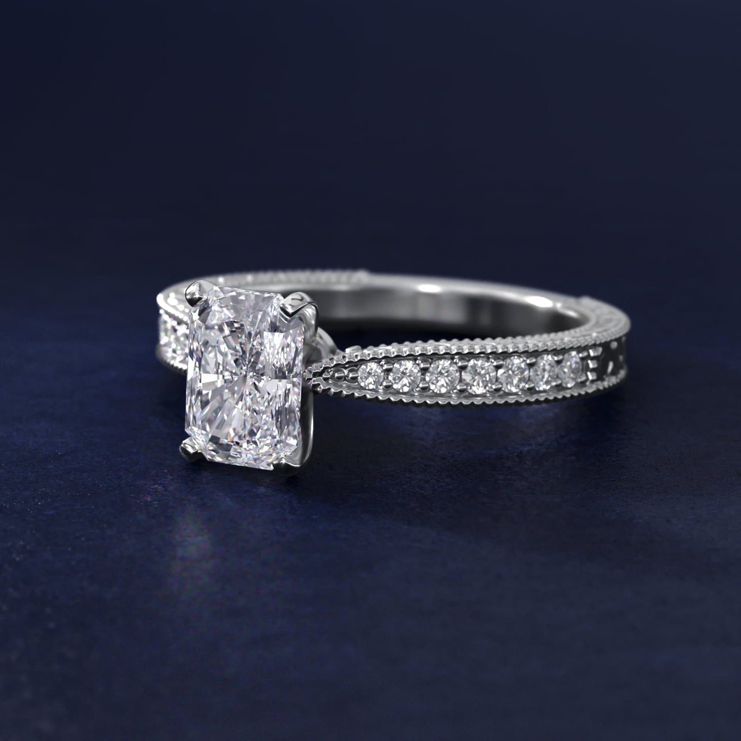 Hand-Engraved MicropavŽ Diamond Engagement Ring in Platinum (1/6 ct. tw.) - Radiant Center