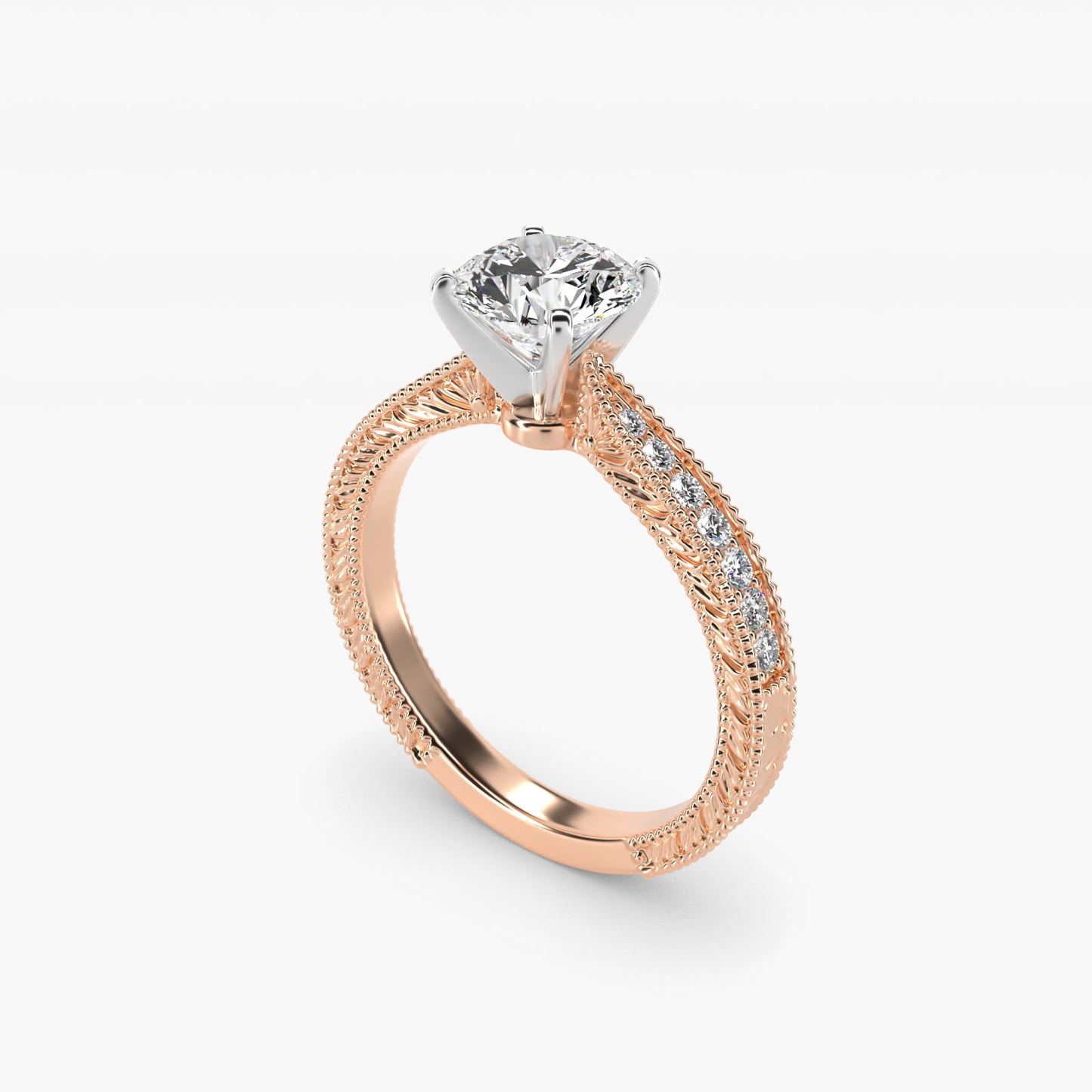Hand-Engraved MicropavŽ Diamond Engagement Ring in 14k Rose Gold (1/6 ct. tw.) - Round Center