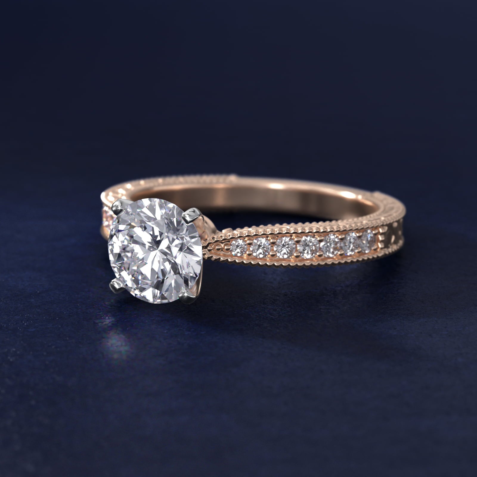 Hand-Engraved MicropavŽ Diamond Engagement Ring in 18k Rose Gold (1/6 ct. tw.) - Round Center