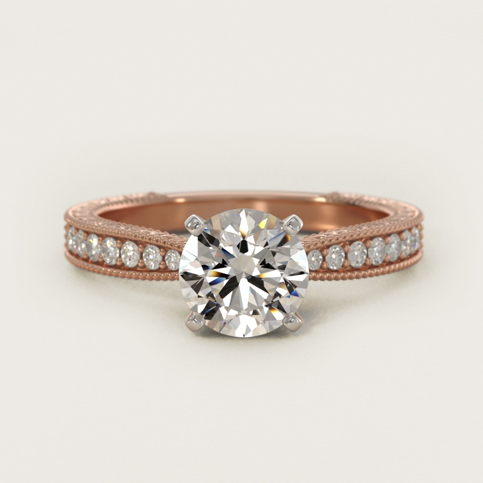 Hand-Engraved MicropavŽ Diamond Engagement Ring in 14k Rose Gold (1/6 ct. tw.) - Round Center