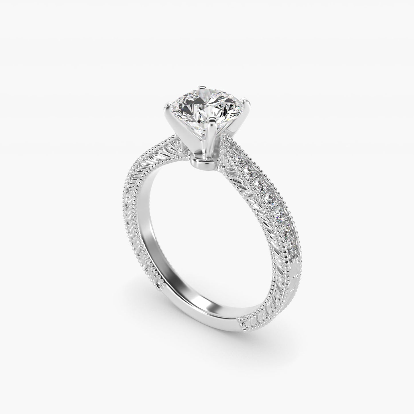 Hand-Engraved MicropavŽ Diamond Engagement Ring in 18k White Gold (1/6 ct. tw.) - Round Center