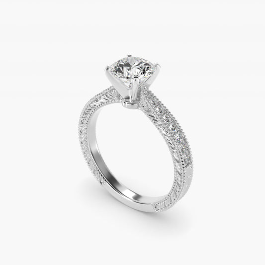 Hand-Engraved MicropavŽ Diamond Engagement Ring in 18k White Gold (1/6 ct. tw.) - Round Center