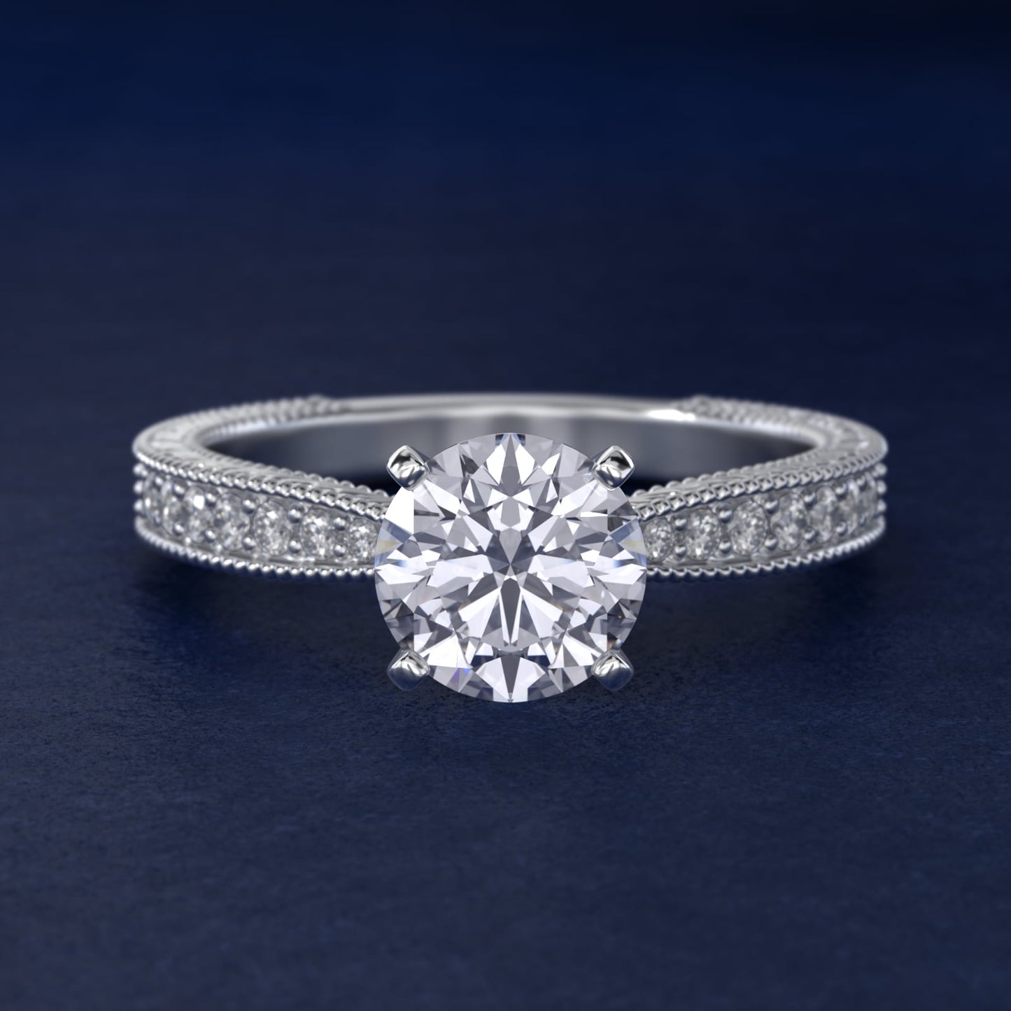 Hand-Engraved MicropavŽ Diamond Engagement Ring in 18k White Gold (1/6 ct. tw.) - Round Center