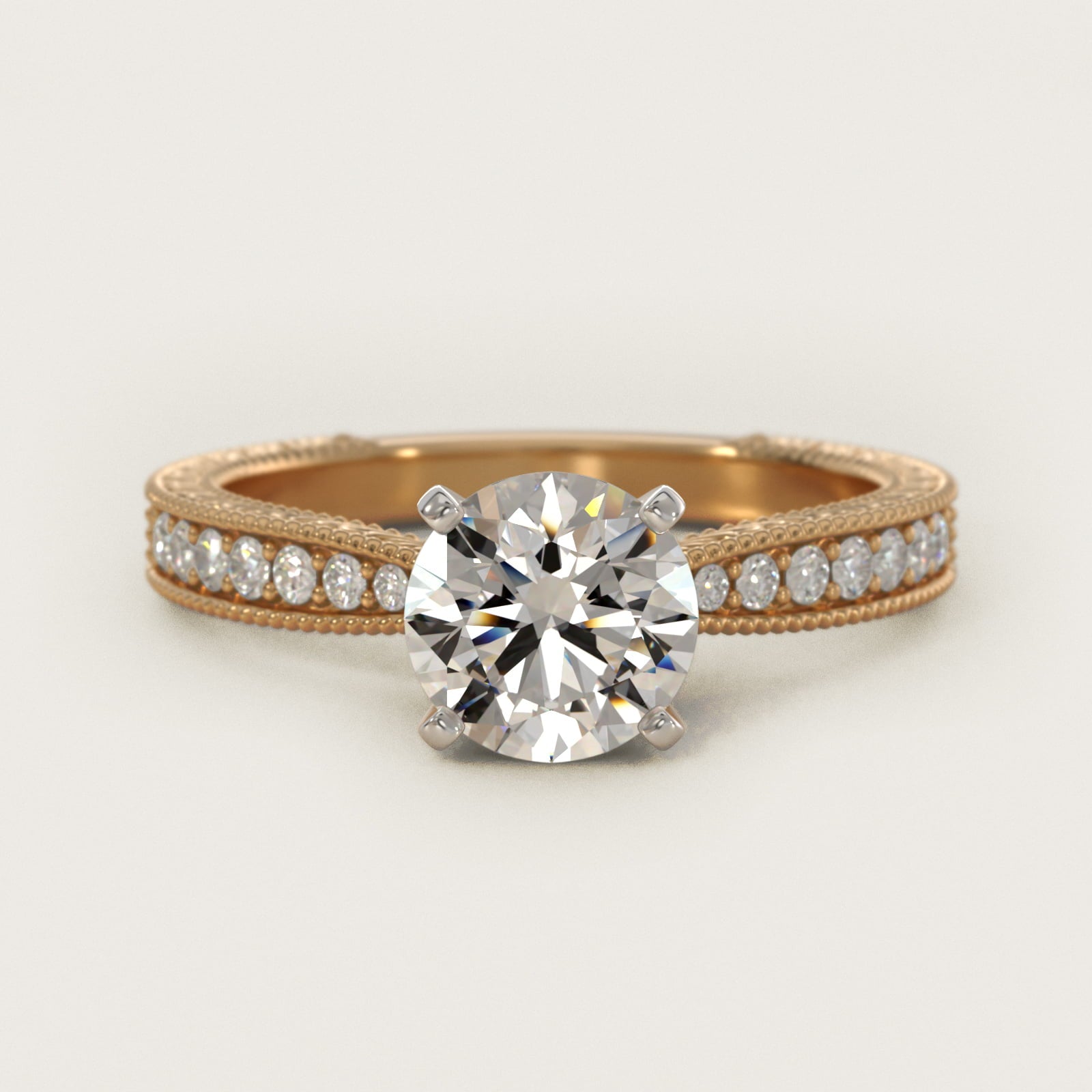 Hand-Engraved MicropavŽ Diamond Engagement Ring in 14K Yellow Gold (1/6 ct. tw.) - Round Center
