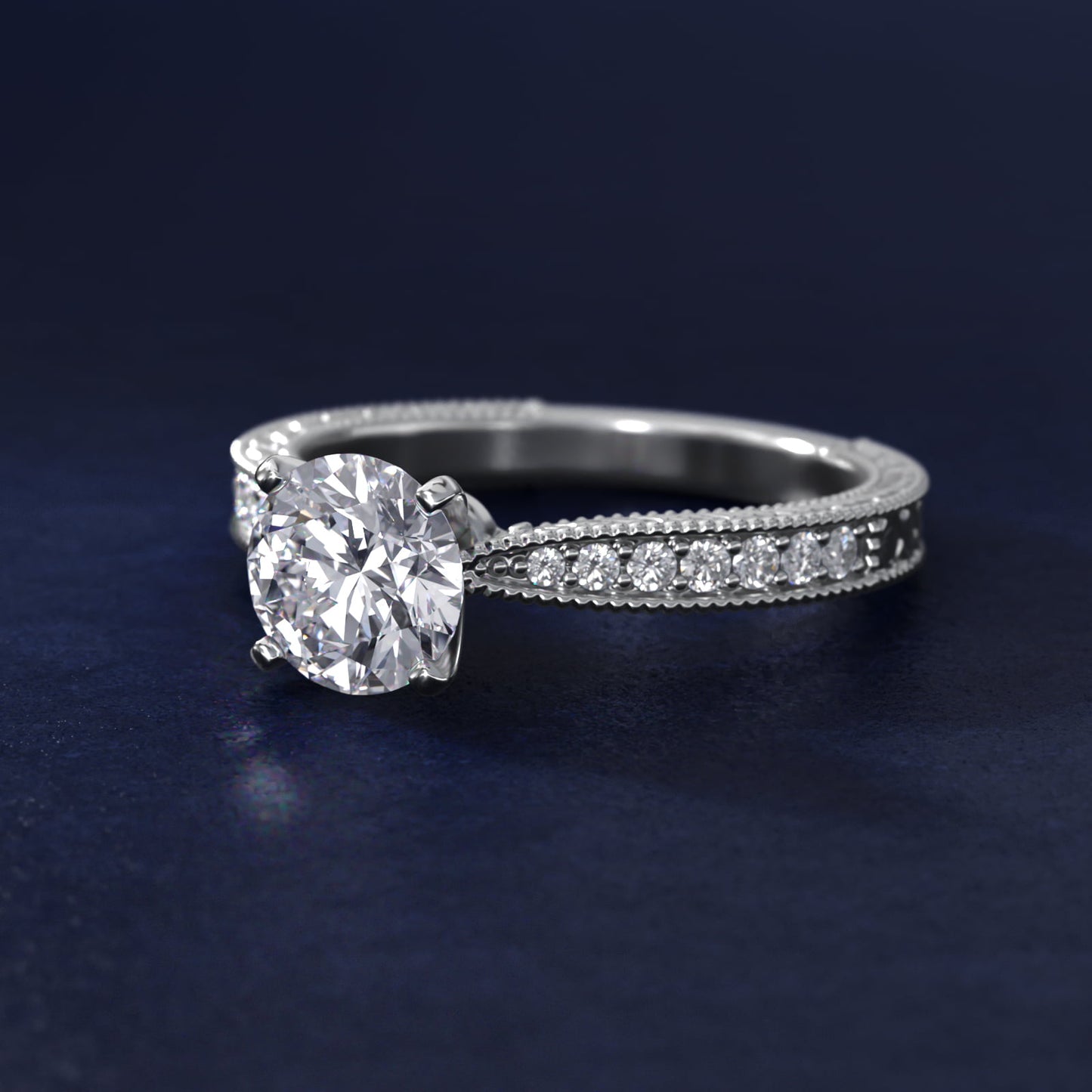 Hand-Engraved MicropavŽ Diamond Engagement Ring in Platinum (1/6 ct. tw.) - Round Center