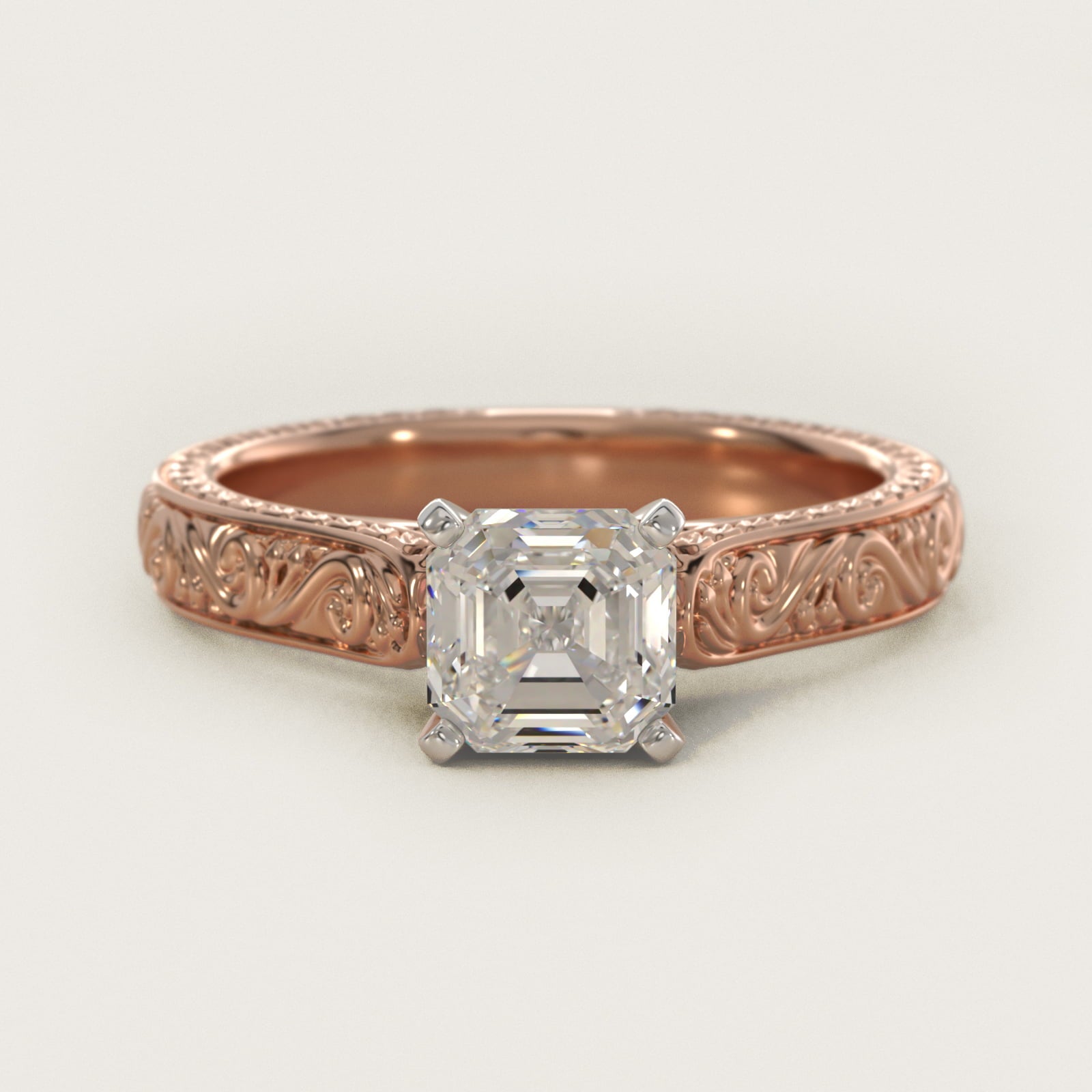 Hand-Engraved Solitaire Engagement Ring in 14k Rose Gold - Asscher Center