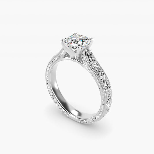 Hand-Engraved Solitaire Engagement Ring in 18k White Gold - Asscher Center