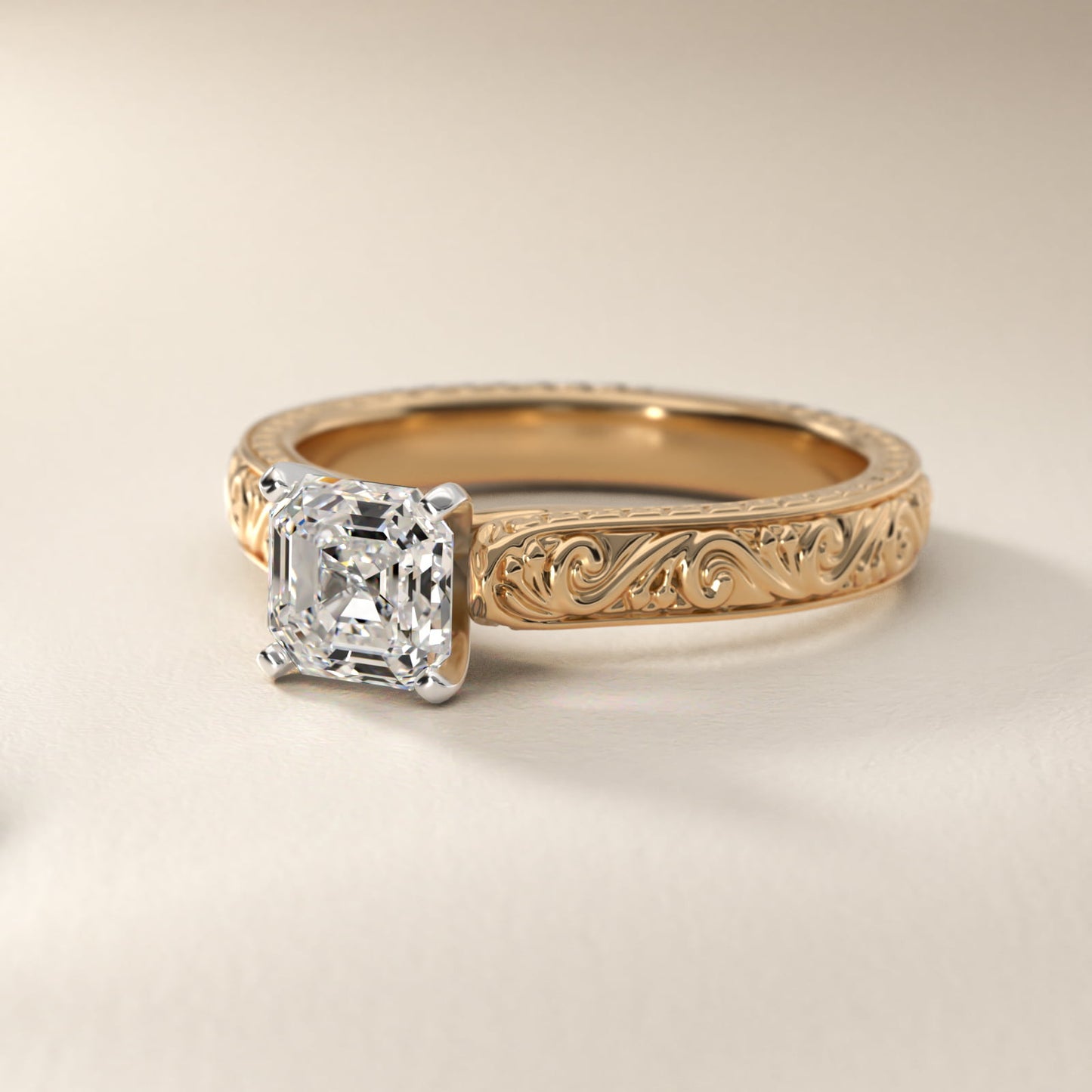 Hand-Engraved Solitaire Engagement Ring in 18k Yellow Gold - Asscher Center