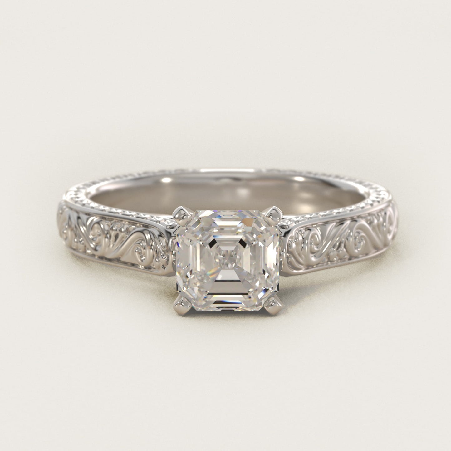 Hand-Engraved Solitaire Engagement Ring in Platinum - Asscher Center