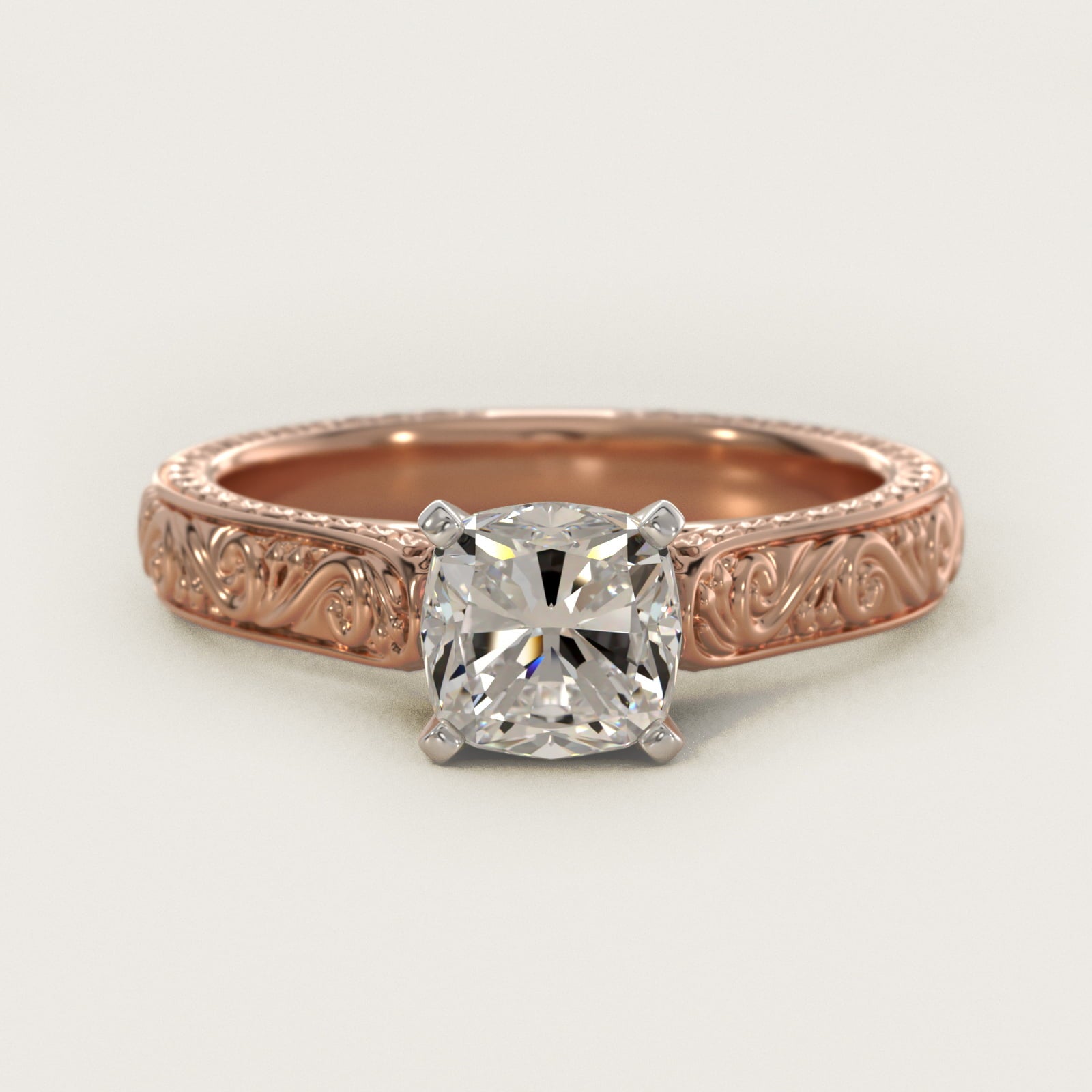 Hand-Engraved Solitaire Engagement Ring in 14k Rose Gold - Cushion Center