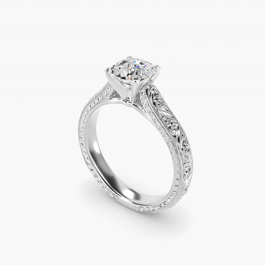 Hand-Engraved Solitaire Engagement Ring in 14K White Gold - Cushion Center