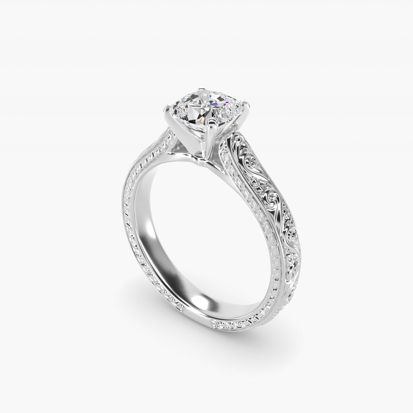 Hand-Engraved Solitaire Engagement Ring in 18k White Gold - Cushion Center