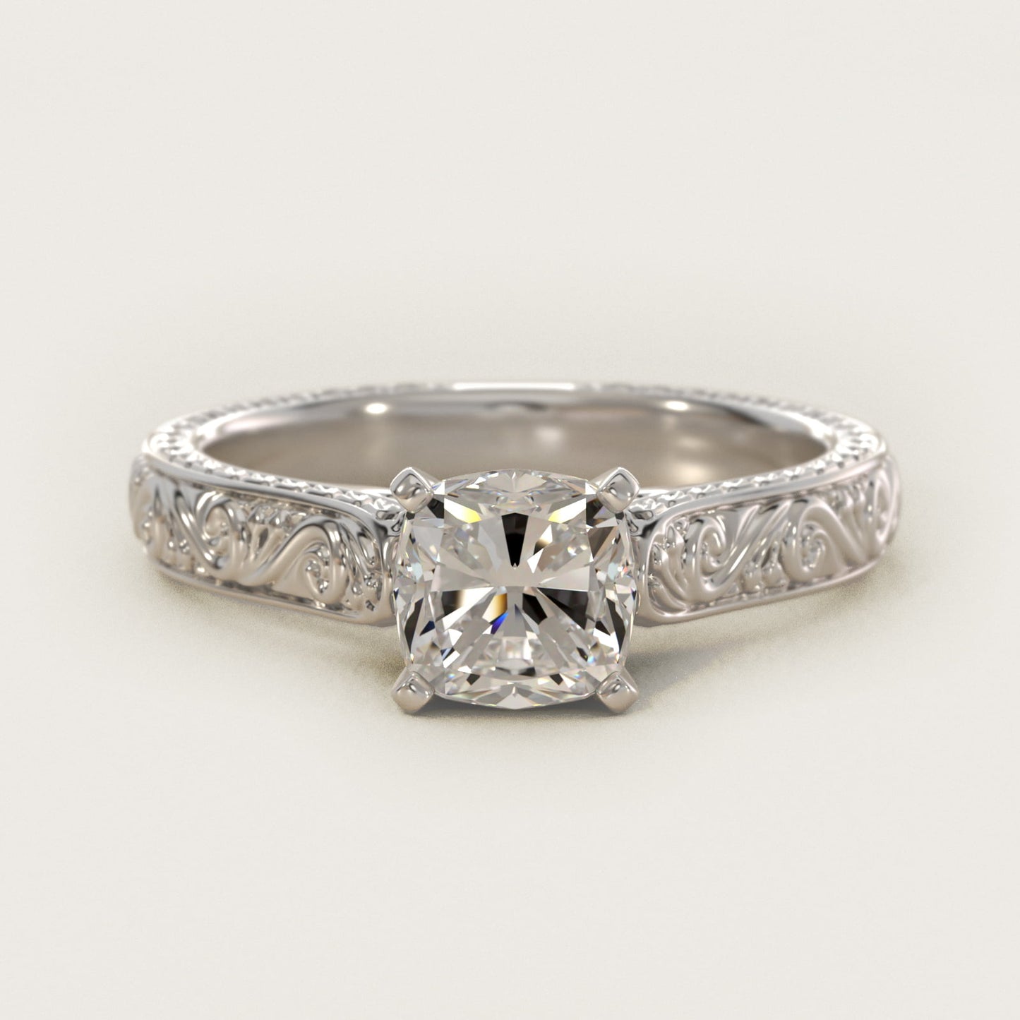 Hand-Engraved Solitaire Engagement Ring in 18k White Gold - Cushion Center