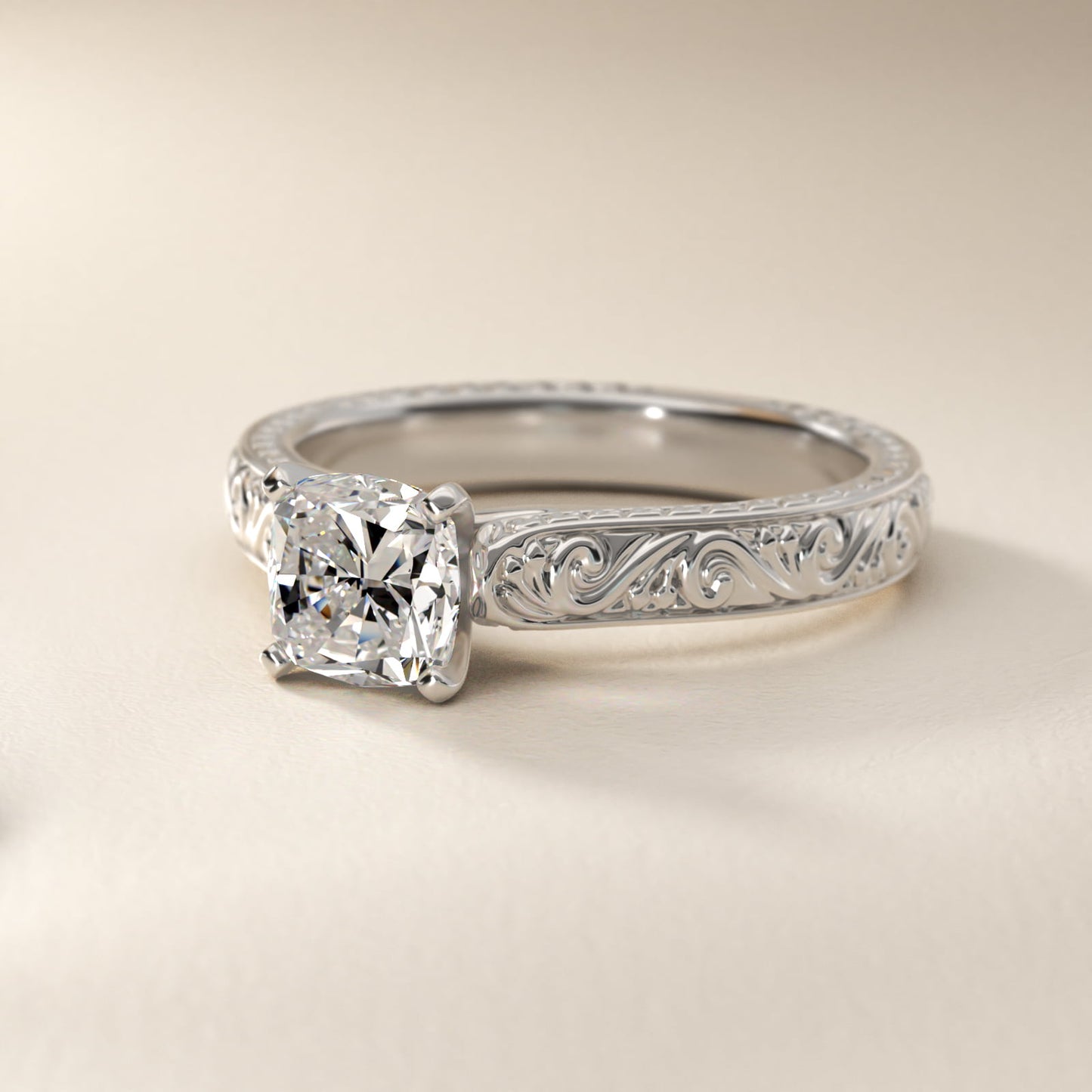 Hand-Engraved Solitaire Engagement Ring in 18k White Gold - Cushion Center