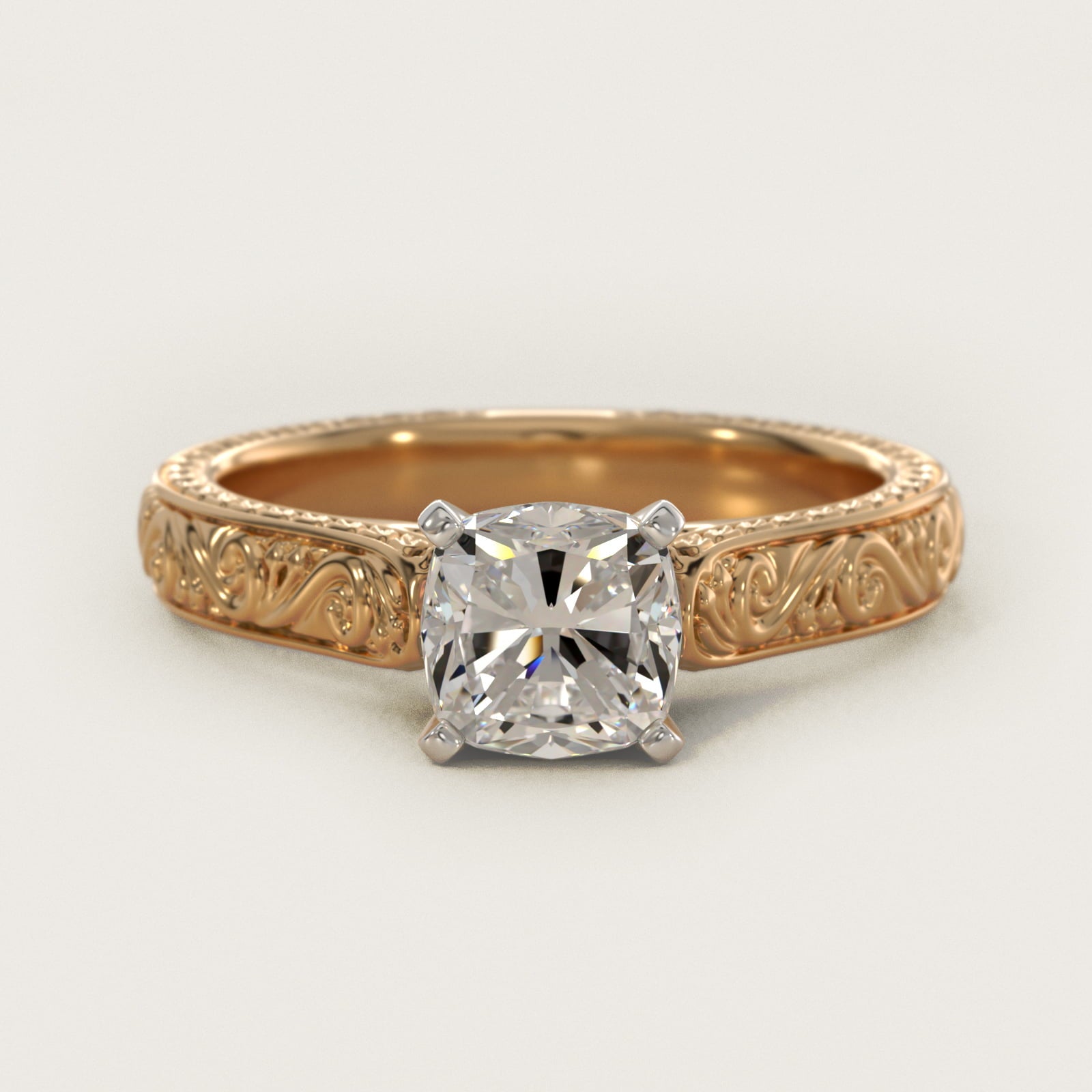 Hand-Engraved Solitaire Engagement Ring in 14K Yellow Gold - Cushion Center