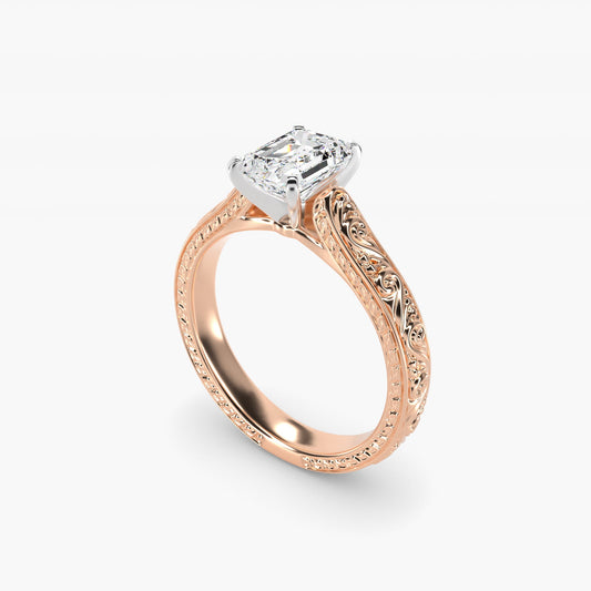 Hand-Engraved Solitaire Engagement Ring in 18k Rose Gold - Emerald Center